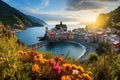 Sunset over Vernazza village in Cinque Terre, Italy, Panorama of Vernazza and suspended garden, Cinque Terre National Park, Royalty Free Stock Photo