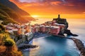 Sunset over Vernazza village in Cinque Terre, Italy, Vernazza village and stunning sunrise, Cinque Terre, Italy, Europe, AI Royalty Free Stock Photo