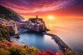 Sunset over Vernazza village in Cinque Terre, Italy, Vernazza village and stunning sunrise, Cinque Terre, Italy, Europe, AI