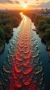 Sunset over vibrant river with unique ripple patterns near forested landscape Royalty Free Stock Photo