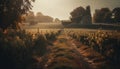 Sunset over vineyard, autumn harvest in Chianti generated by AI