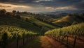 Sunset over a vineyard, nature picturesque winemaking scene generated by AI