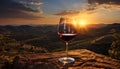 Sunset over the vineyard, wineglass in hand, nature perfect relaxation generated by AI