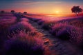 Sunset over a violet lavender field. Valensole lavender fields, Provence, France - Generative AI Royalty Free Stock Photo