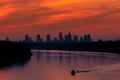 Sunset over the Warsaw city buildings by the Vistula river in Poland. Royalty Free Stock Photo