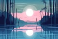 Sunset over water. Minimalistic flat design landscape poster. Beautiful illustration picture. Generative AI