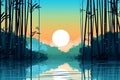 Sunset over water. Minimalistic flat design landscape poster. Beautiful illustration picture. Generative AI