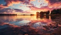 Sunset over water, nature beauty reflected in tranquil scene generated by AI Royalty Free Stock Photo