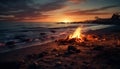 Sunset over the water, nature flame burning generated by AI