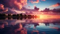 Sunset over water, nature reflection in tranquil dusk generated by AI