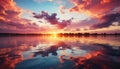 Sunset over water, nature reflection in tranquil dusk generated by AI Royalty Free Stock Photo