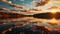 Sunset over water, nature reflection in tranquil pond generated by AI Royalty Free Stock Photo