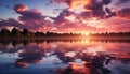 Sunset over water, nature reflection, tranquil scene, vibrant colors generated by AI Royalty Free Stock Photo