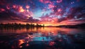 Sunset over water, nature reflection in tranquil silhouette generated by AI Royalty Free Stock Photo