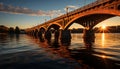 Sunset over water, reflecting bridge, man made beauty generated by AI Royalty Free Stock Photo