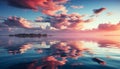 Sunset over water, reflecting tranquil dusk in nature beauty generated by AI