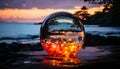 Sunset over water reflects vibrant colors in the glass sphere generated by AI Royalty Free Stock Photo