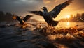 Sunset over water, seagull flying, nature beauty in tranquil scene generated by AI