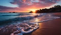 Sunset over water, waves crash on sandy coastline, nature beauty generated by AI