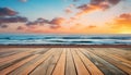 Sunset over water, wood plank table, tranquil scene, nature beauty generated by AI Royalty Free Stock Photo