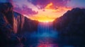 Sunset over a Waterfall in a Mountainous Landscape Royalty Free Stock Photo