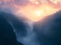 sunset over waterfall, mountainous landscape, dramatic sky Royalty Free Stock Photo