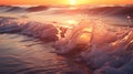 sunset over a wavy ocean golden sun reflecting on splashing waves. summer beach trip Royalty Free Stock Photo
