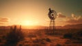 Sunset over a windmill in the desert of Nevada, USA generative ai Royalty Free Stock Photo