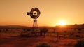 Sunset over a windmill in the desert of Nevada, USA generative ai Royalty Free Stock Photo