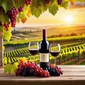 Sunset over wineyard as red grapes are and a bottle of wine with two glasses poured are on a wooden Royalty Free Stock Photo