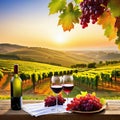 Sunset over wineyard as red grapes are and a bottle of wine with two glasses poured are on a wooden Royalty Free Stock Photo