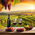 Sunset over wineyard as red grapes are and a bottle of wine with two glasses poured are on a wooden Royalty Free Stock Photo