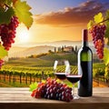 Sunset over wineyard as red grapes are and a bottle of wine with two glasses poured are on a wooden Royalty Free Stock Photo