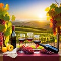 Sunset over wineyard as red grapes are and a bottle of wine with two glasses poured are on a wooden Royalty Free Stock Photo