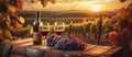 Sunset over wineyard as red grapes are ripe, and a bottle of wine with two glasses poured are on a wooden box. Generative AI Royalty Free Stock Photo