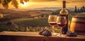 Sunset over wineyard with a bottle, barrel, red grapes and two glasses of red wine in the front.Generative AI Royalty Free Stock Photo