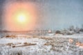 Sunset over the winter evening river in Siberia Royalty Free Stock Photo