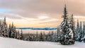 Sunset over the Winter Landscape with Snow Covered Trees on the Ski Hills Royalty Free Stock Photo