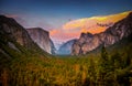 Sunset Over Yosemite National Park from Tunnel View. Royalty Free Stock Photo