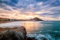 Sunset over zurriola beach, Donostia, Euskadi, Spain Royalty Free Stock Photo