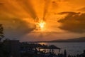 Sunset overlooking sea bay and beach with parasols, Black sea coast, Gelendzhik, Russia Royalty Free Stock Photo