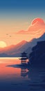 Sunset Pagoda: Graphic Design-inspired Illustration Of A Lake Landscape