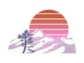 Sunset painting with abstract mountains, pine tree and gradient sun on white background. Royalty Free Stock Photo