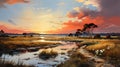 Antique Marsh Painting: Nostalgic Coastal Scenery In Crimson And Amber