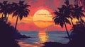 A sunset painting with palm trees by the ocean under a colorful sky Royalty Free Stock Photo