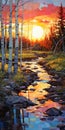 Golden Light: Hyper Detailed Stream In Birch Tree Forest