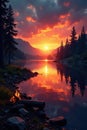 Sunset paints the lake gold, campfire crackles , fire, peaceful, golden hour