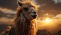 Sunset paints nature beauty, an alpaca smiles in rural landscape generated by AI Royalty Free Stock Photo