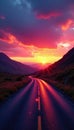 Sunset paints Scottish highlands road, heather hues, dramatic sky , evening, heather Royalty Free Stock Photo