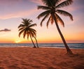 A sunset paints the sky in hues of orange pink over a tranquil beach with a palm tree swaying gently. Generative AI. Royalty Free Stock Photo